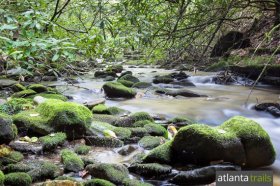 The Bear Creek Trail hikes the banks of a mossy, boulder-filled creek near Ellijay, Georgia